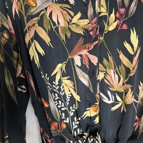 Elan Womens M Maxi Dress Long Lng Sleeve Tie Waist Button Up Black Olive Floral - Picture 7 of 11